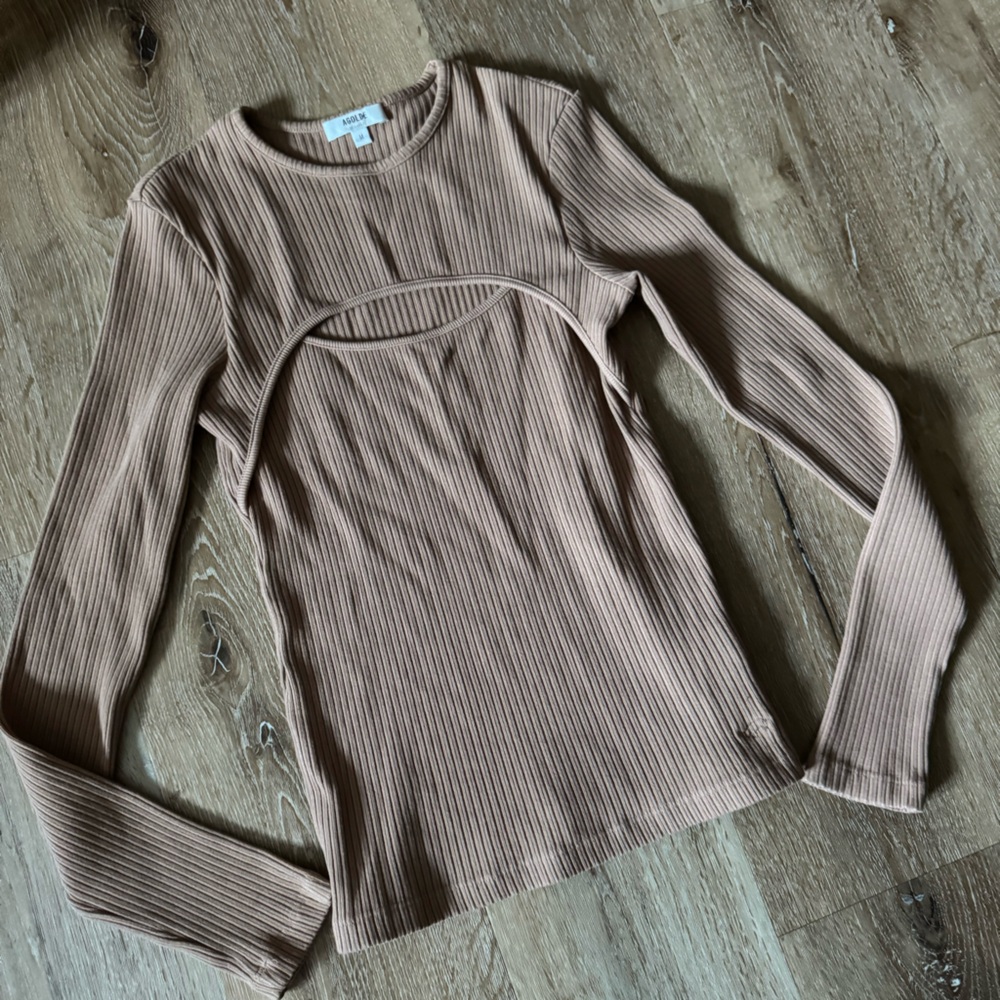 Agolde Lyza Cut Off Tan/Beige Long‎ Sleeve Top Size M